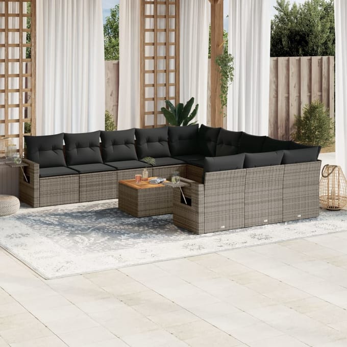 vidaXL - 12-delige - Loungeset - met - kussens - poly - rattan - grijs