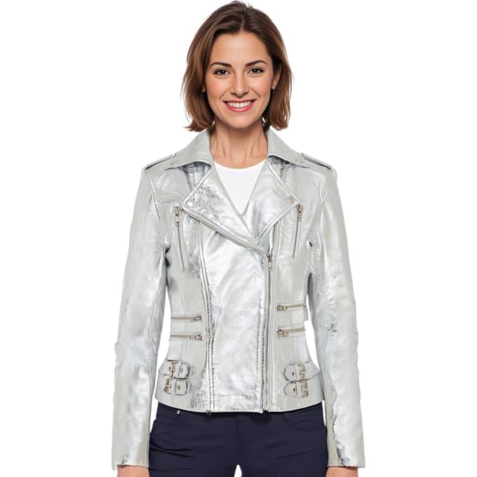 Dames leren zilveren Brando bikerjack - Constantia