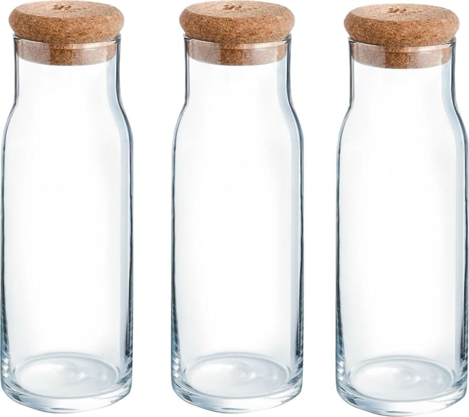 Karaf, Tafelfles 1 Liter met kurk Transparant 9 x 27 cm - 3 Stuks