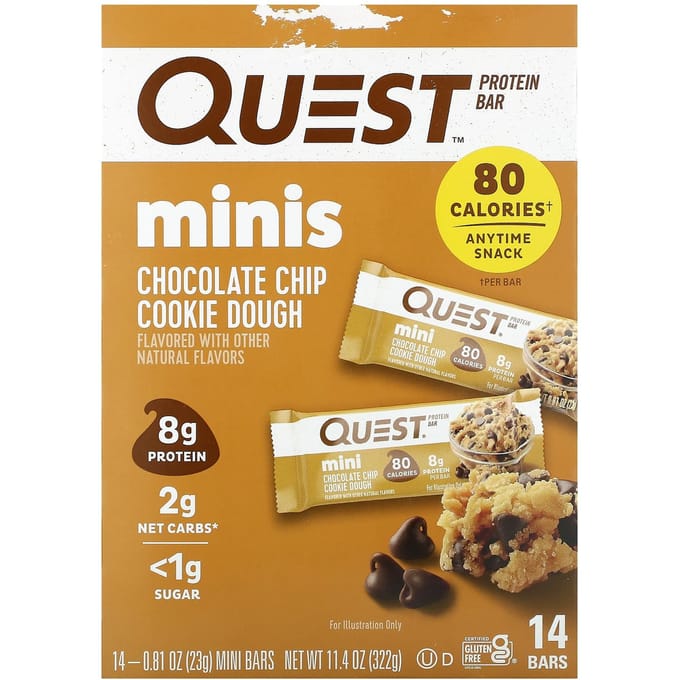 Quest Nutrition, Mini Eiwitrepen, Chocolate Chip Cookie Dough, 14 Repen, 23 g (23 gram) Elk