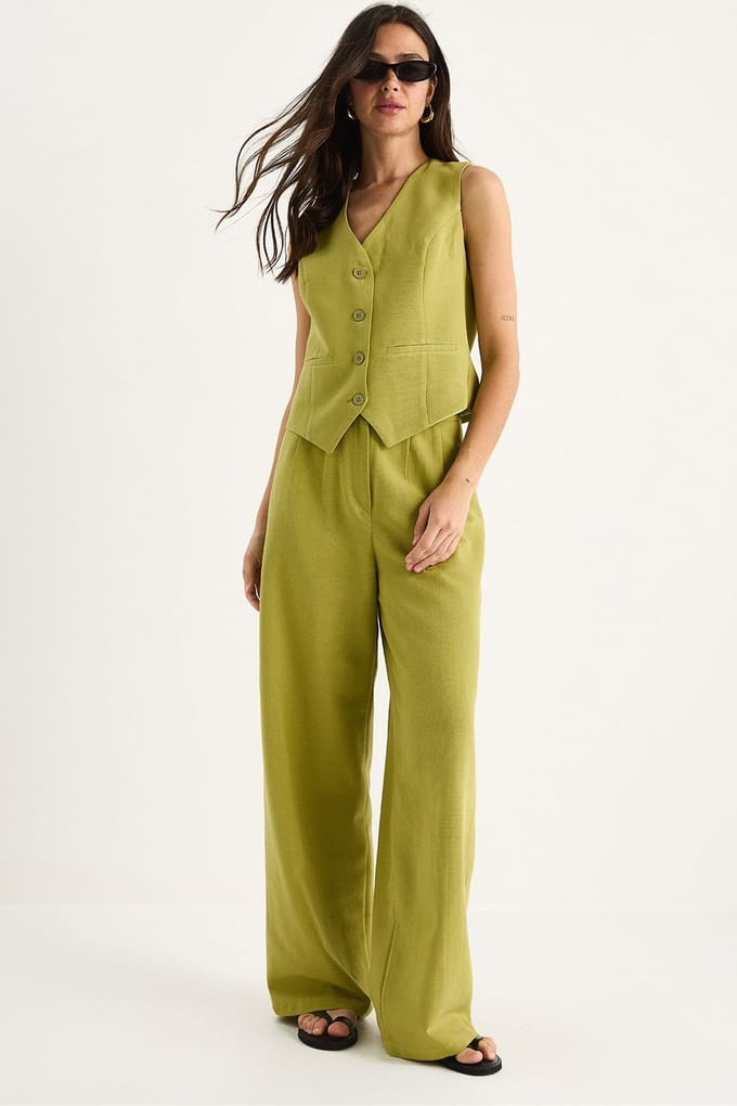V-hals Vest en Wijde Pantalon Twee-delige Coord Set