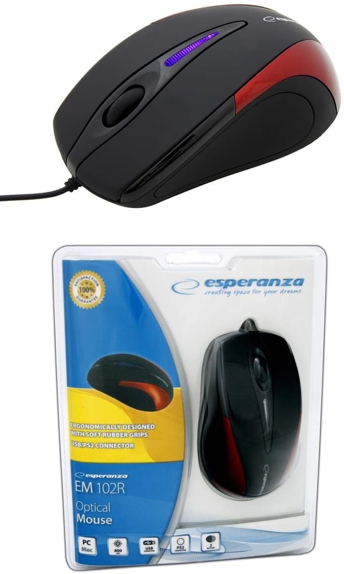 Esperanza Sirius | USB Optische Muis | Ergonomisch | 1000DPI | 3 Buttons | Vertical Scroll | Zwart-Rood