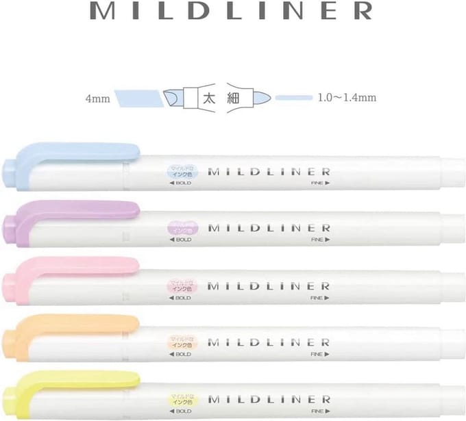 Zebra Mildliner Double Sided Highlighter - New Gentle Colors Set van 5 + EXTRA een Zipperbag