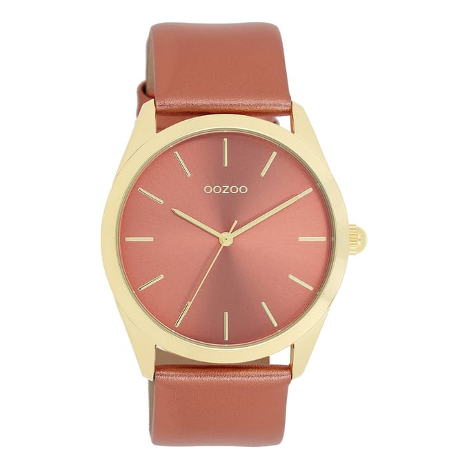 Goudkleurige OOZOO horloge met baksteen rode leren band - C11334