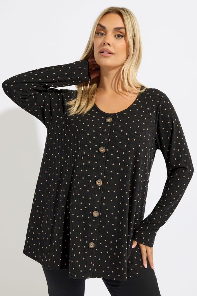 Yours Zwarte Geribbelde Swing Top Met Polka Dot Size 42