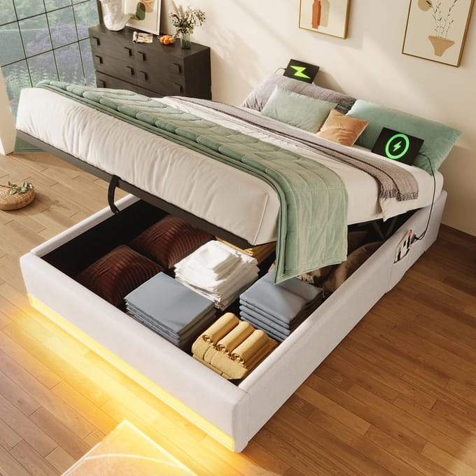 Sweiko Eenpersoonsbed - 90 x 200 cm - LED-verlichting - USB/Type-C - Zonder hoofdeinde - Beige