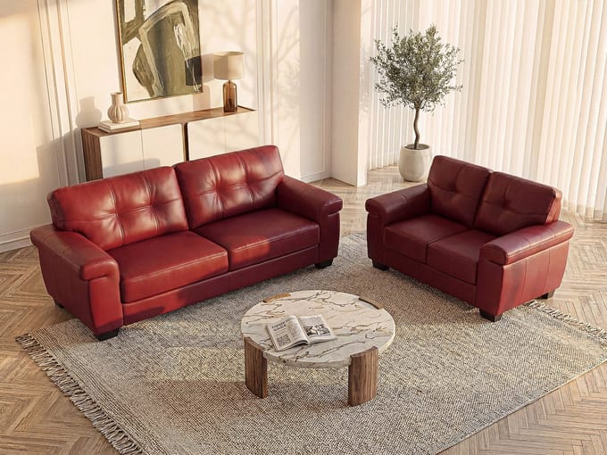 Vente-unique Driezits- en tweezitsbank van leer HAZEL - Rood