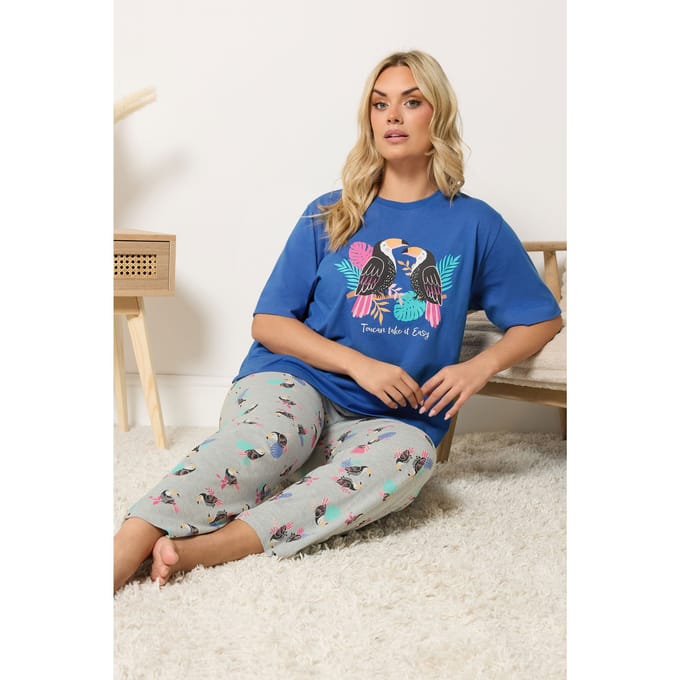 Yours Blauwe 'Toucan Take It Easy' Pyjamaset Met Wijde Pijpen Size 62-64