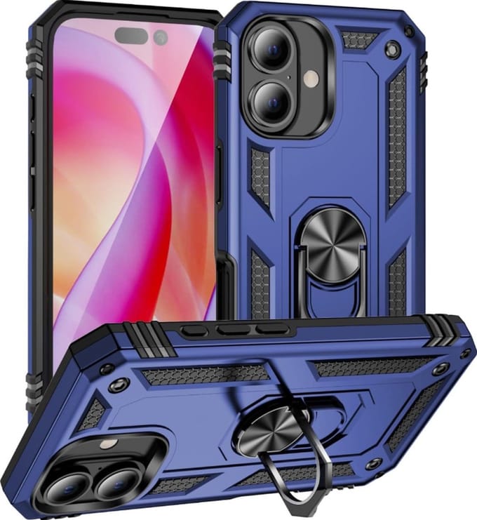 Cityhoesje – Armor Kickstand – Ring BackCover - iPhone 16 - Blauw
