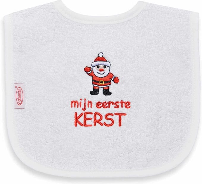 Funnies geborduurd tekst slabbetje: Mijn eerste kerst