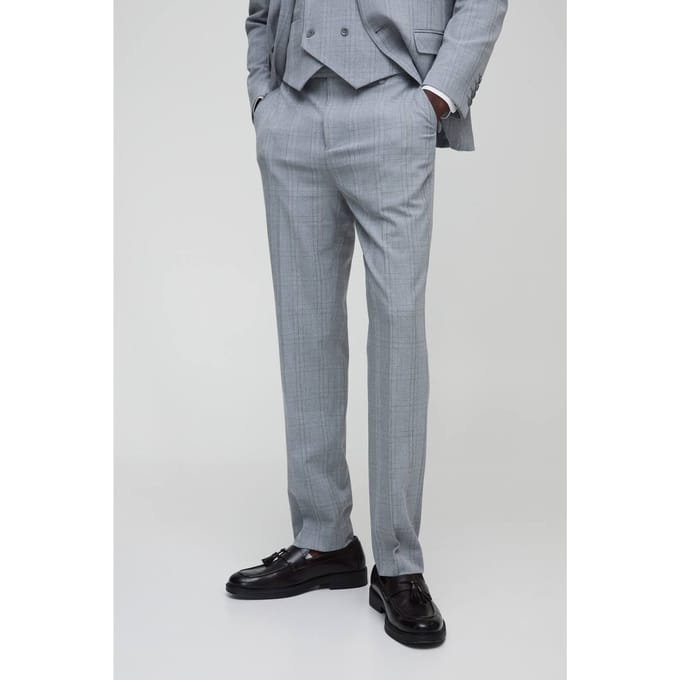 Straight Fit Tonal Check Tailored Trouser | Light Grey | Size 30