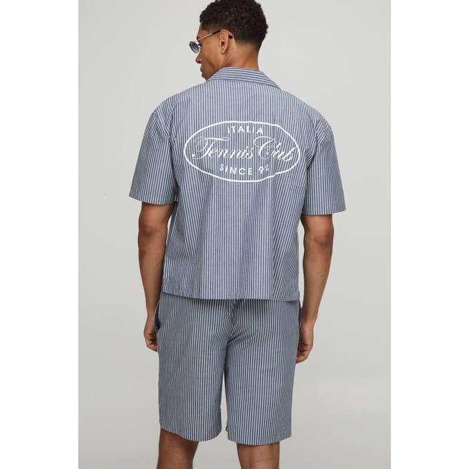 Oversized Boxy Stripe Tennis Club Print Revere Shirt and Short Set | Navy | Size Medium