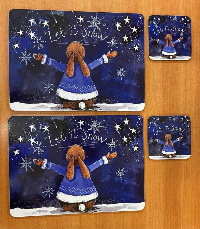 Alex Clark Placemats(MEDIUM FORMAAT)en Coasters Set Let is snow Rabbit ~ Konijnen winter/kerst