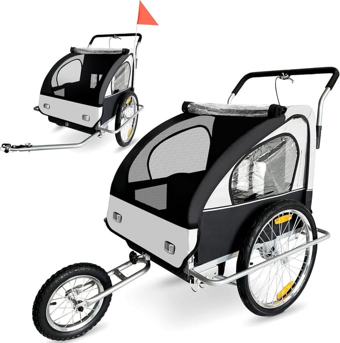Fietskar Kinderwagen - Kinderfietsdrager - Samen op pad - 2-in-1 ombouw - 138 x 88 x 107 cm - Zilver Wit
