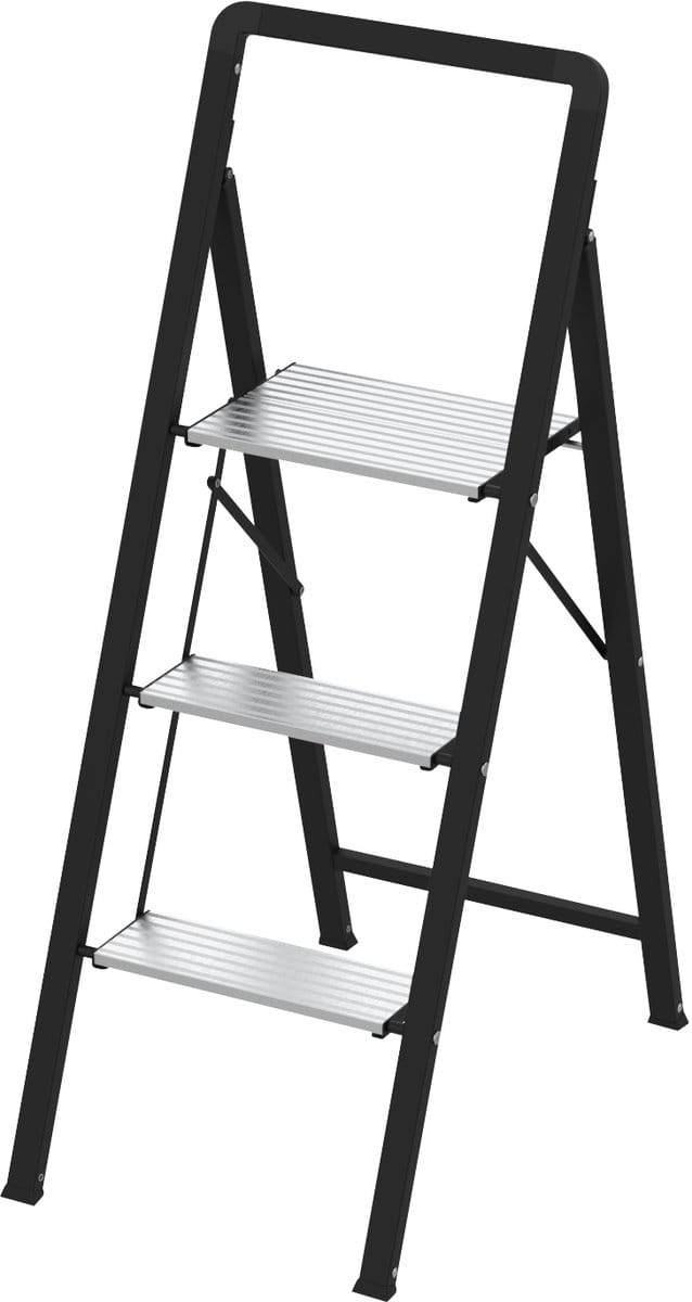 HOME It® Aluminium Trapladder met Stalen Frame, 3 treden, 113 cm hoog, inklapbaar, platform 30x20 cm, max. belasting 150 kg