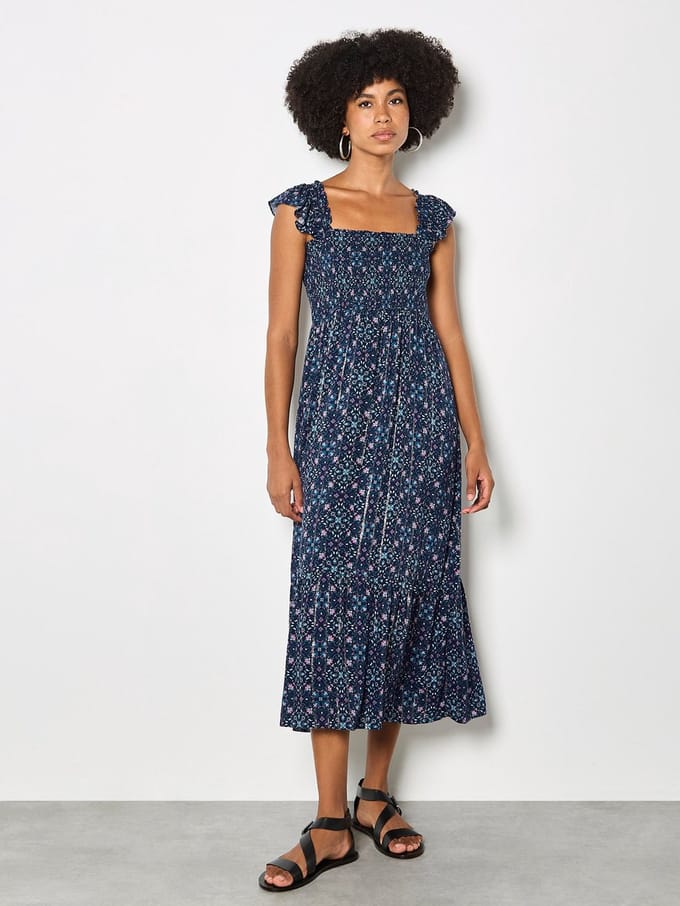 Midi-jurk met folkbloemenprint en metallic details