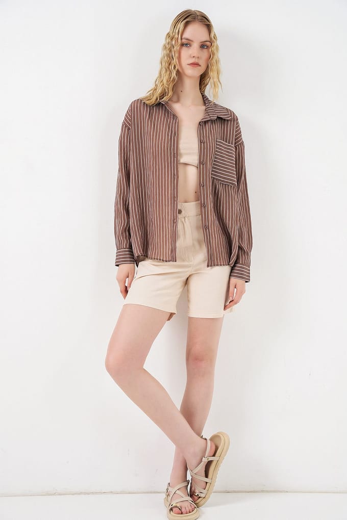 Oversized Gestreepte Lange Mouwen Shirt met Zak