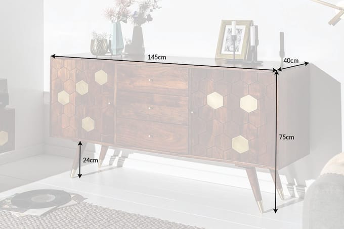 Massief dressoir tv meubel 145 cm acacia bruin goud retro design