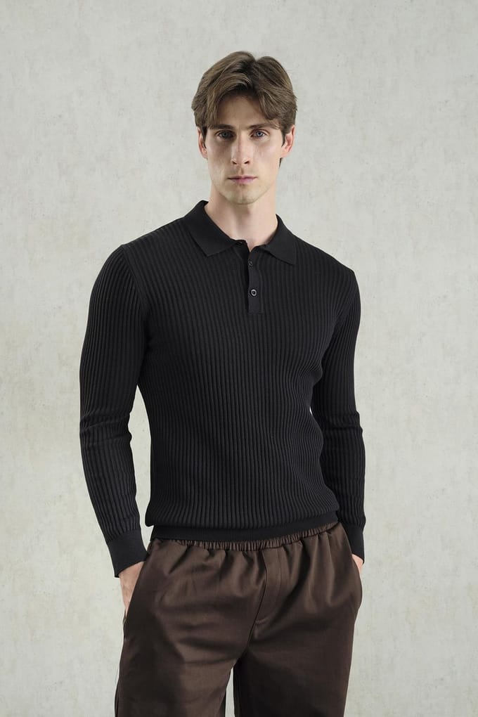Slim Fit Polo Kraag Gevoerd Langsleeve T-Shirt