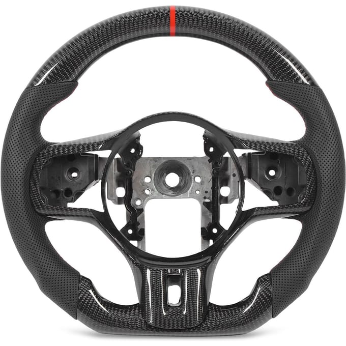 Volant en Fibre de Carbone Cuir Perforé avec Garnitures de Boutons Remplacement pour Lancer Evolution X 2008 2016 black