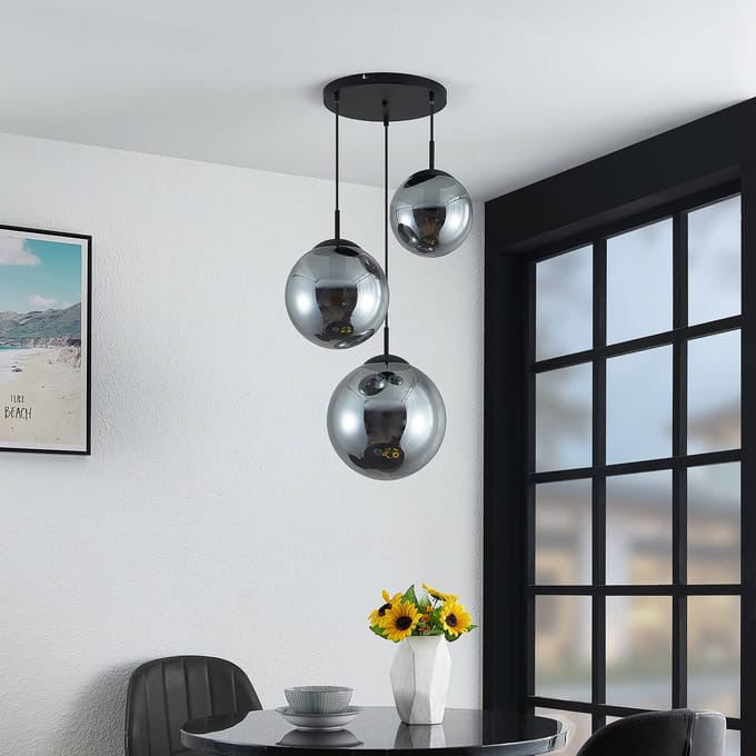 Lindby - hanglamp - 3lichts - Glas, staal - H: 30 cm - E27 - rookgrijs, zwart