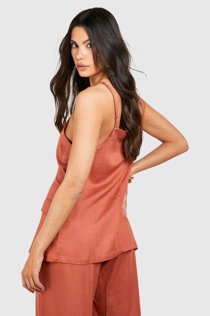 boohoo Dames Linnenlook Buttonfront Longline Vest | Terracotta | Maat: 34