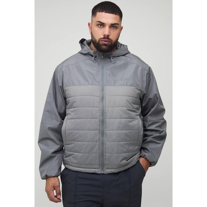 Plus Regular Fit Lightweight Gewatteerde Capuchonjas | Grey | Size 2XL