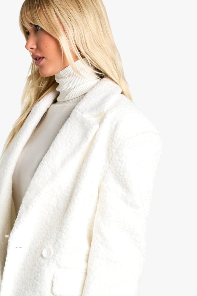 boohoo Dames Dubbelgeknoopte Boucle Wol Blazer | Ecru | Maat: 12