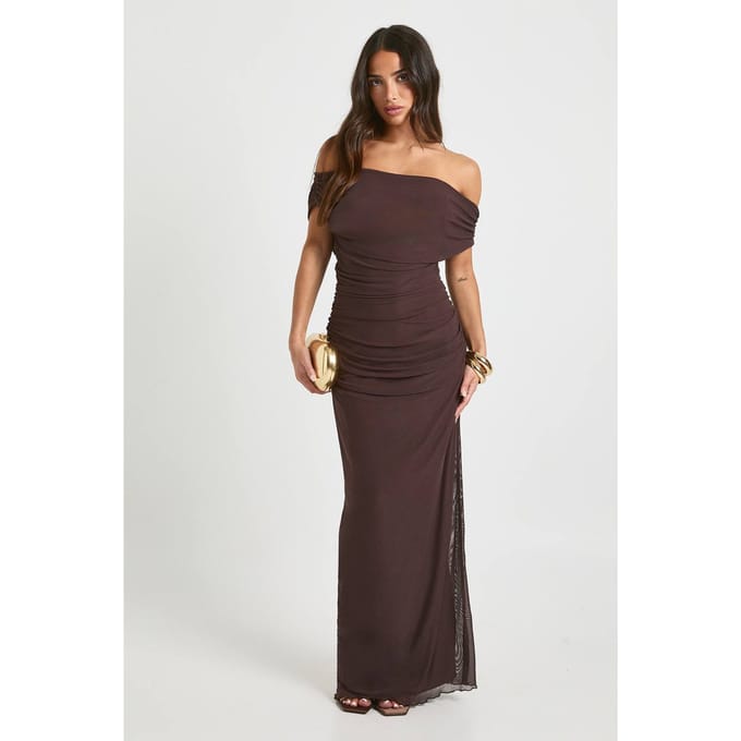 boohoo Dames Afgeschouderde mesh maxi-jurk | Chocoladebruin | Maat: 36