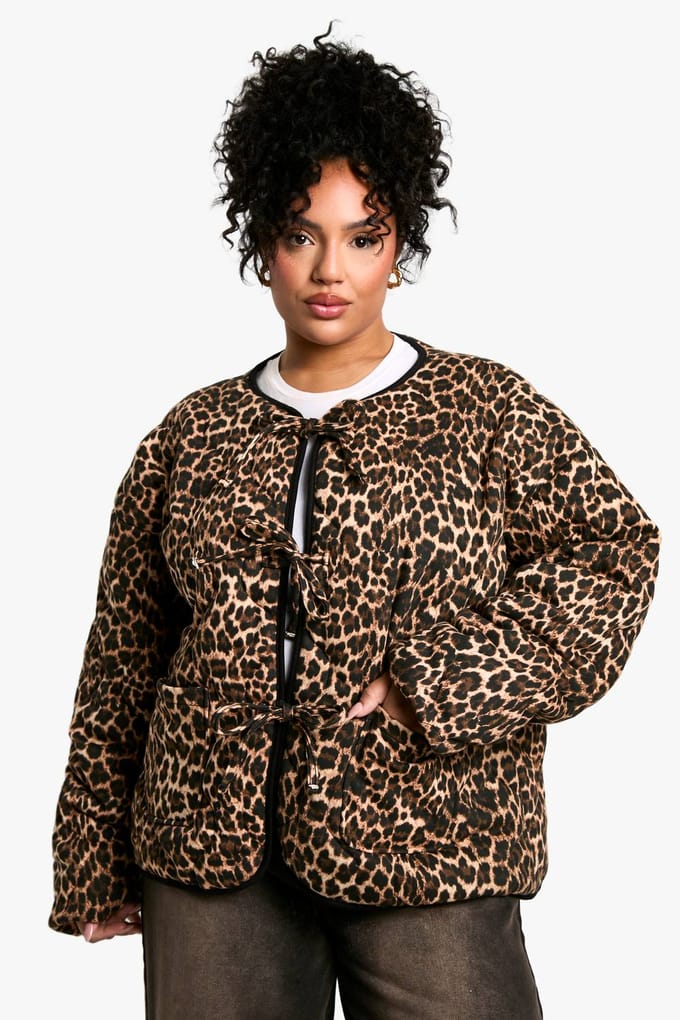 boohoo Dames Plus Luipaard Tie Detail Gewatteerde Jas | Brown | Maat: 18