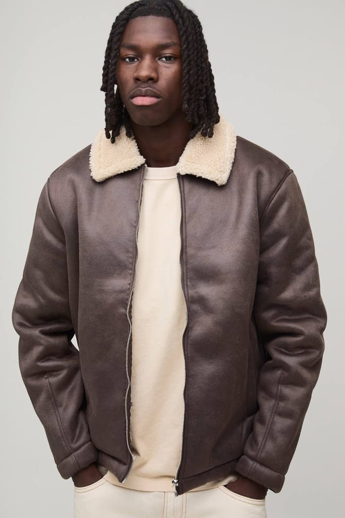 Faux Suède Aviator Jas in Bruin | Brown | Size Medium