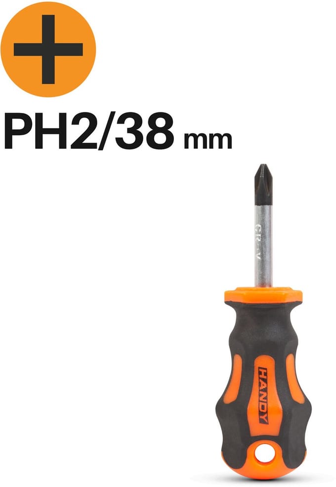 Korte Kruiskopschroevendraaier PH2 – Phillips Schroevendraaier 38 mm – Chroom Vanadium Staal – Antislip Handgreep – Ophangoog [10525]