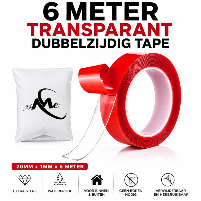 24ME® 6 Meter Premium Montage Tape Incl. Bewaar Etui - Transparant - Ultra Sterk