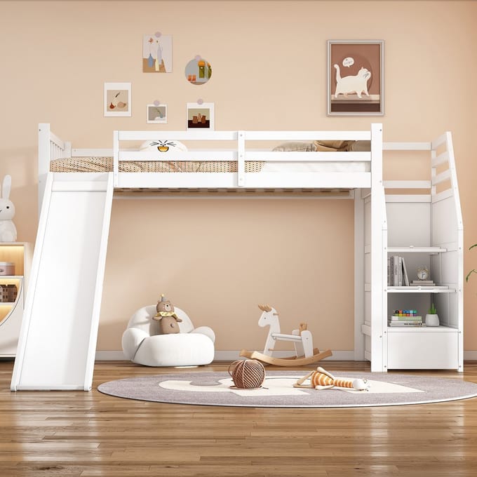 Sweiko Hoogslaper - 90*200cm - met Glijbaan - Opbergladder - Wit