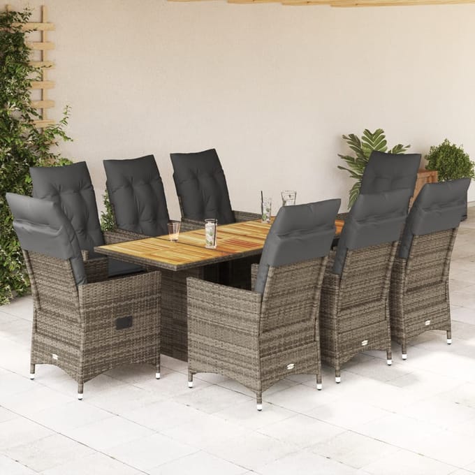 vidaXL 9-delige Tuinset met kussens poly rattan grijs