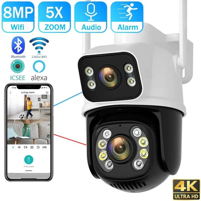 2024 8MP 4K double objectif Wifi PTZ caméra maison intelligente Vision nocturne double écran Protection de sécurité extérieure CCTV caméra IP ICSEE APP EU Plug