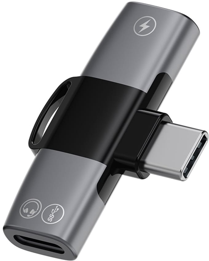 USB-C naar 2X USB-C compacte haakse splitter adapter kabel - oplader, data en audio adapter - o.a. voor headset en koptelefoon - grijs