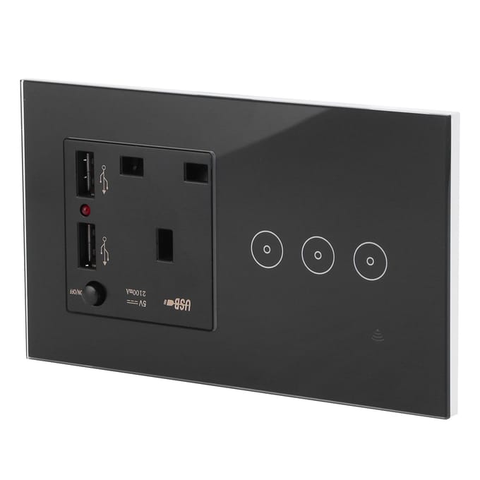 Panneau de prises murales Wi-Fi à 3 prises avec ports USB et télécommande par application black