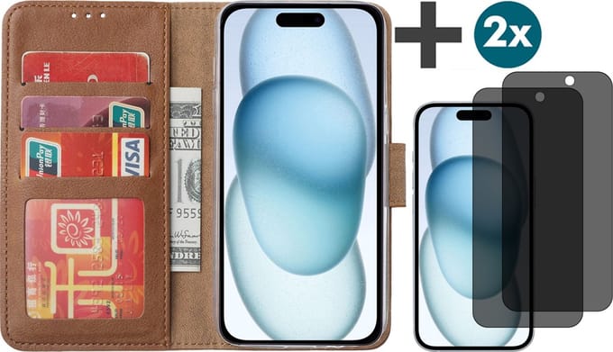 Hoesje met Privacy Screenprotectors 2 Stuks Geschikt voor iPhone 15 Plus – Arara bookcase met pasjeshouder - Bruin