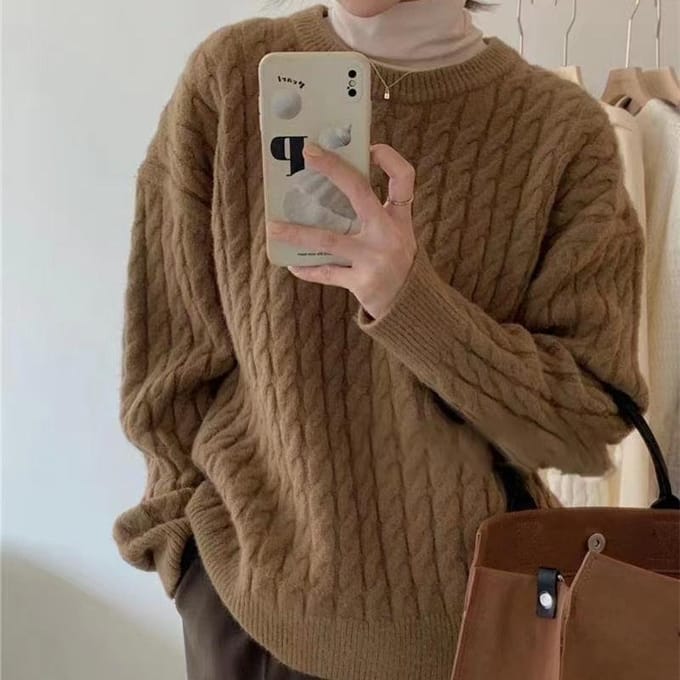 Pull en velours de vison Automne et Hiver pour Femme Lâche Décontracté Épais Pull à col roulé de base OneSize brun foncé