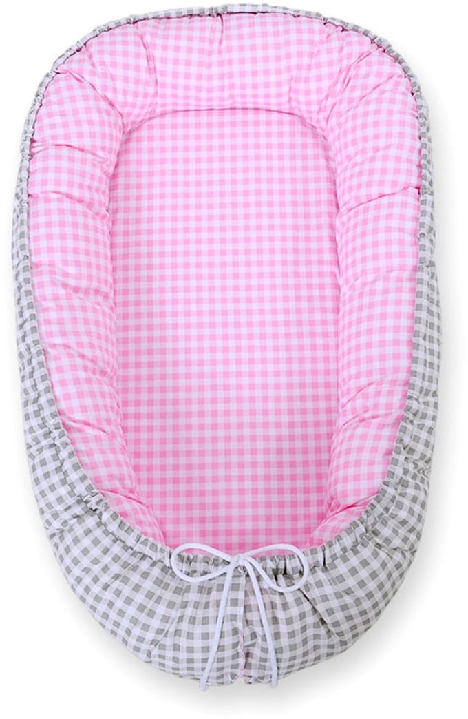 Babynest dubbelzijdig Premium Cocoon voor baby's BOBONO- grijs geruit/roze geruit