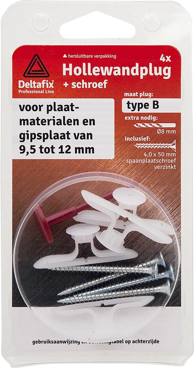 Deltafix hollewandplug type c / 15mm plaat / met spaanplaatschroef grijs 4 cm 4 st.
