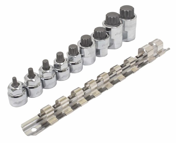 spline doppen 9 delige set op rail - veeltanddop bitten set - 12 tand bit dop - asta
