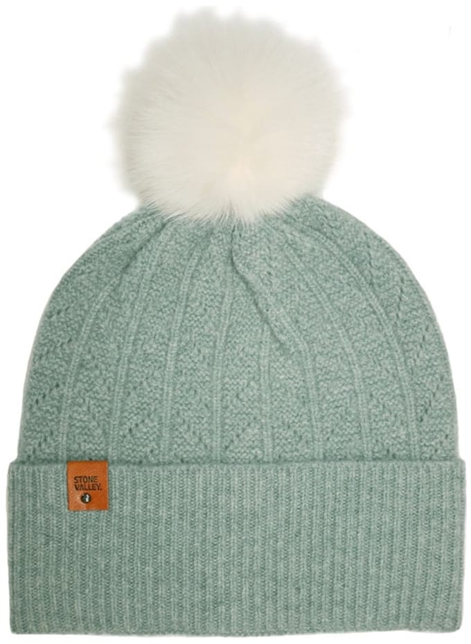 Stone Valley Merino Wol Beanie in Groen met Pompon