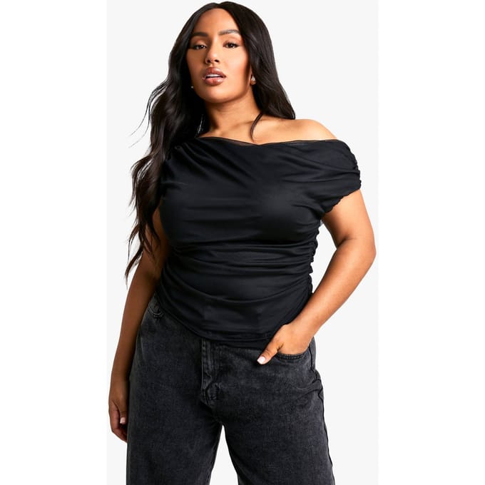 boohoo Dames Plus asymmetrische geplooide top | Zwart | Maat: 56