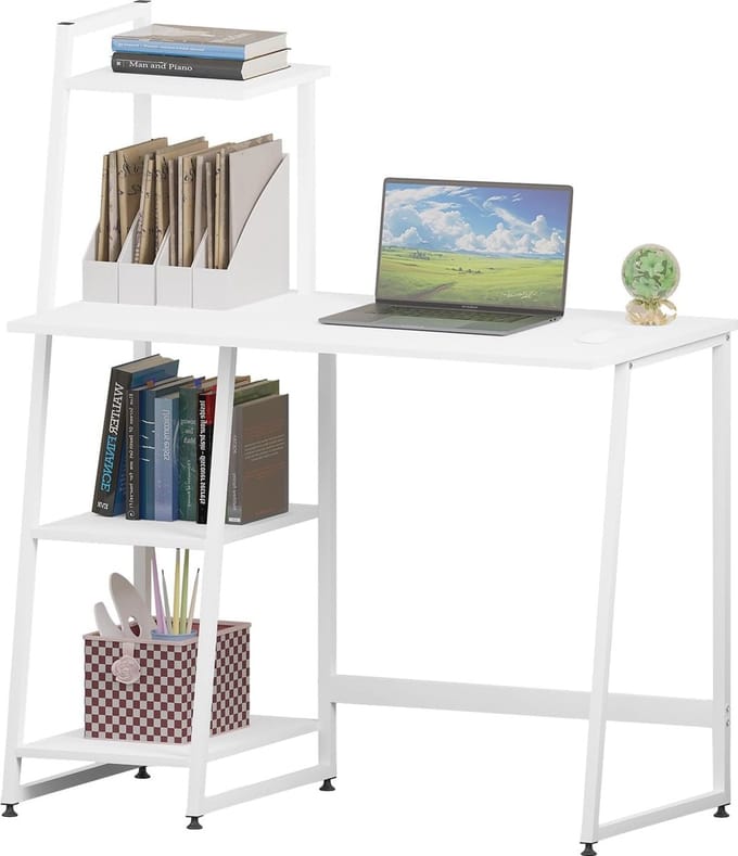 Computertafel met 3 planken en opbergruimte - Industrieel design in wit - 100 x 118 x 50 cm