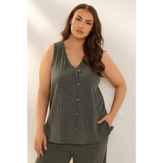 Yours Gilet Met Textuur En Knoopsluiting In Kakigroen Size 44