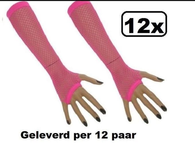 12x Paar Nethandschoenen lang vingerloos fluor pink