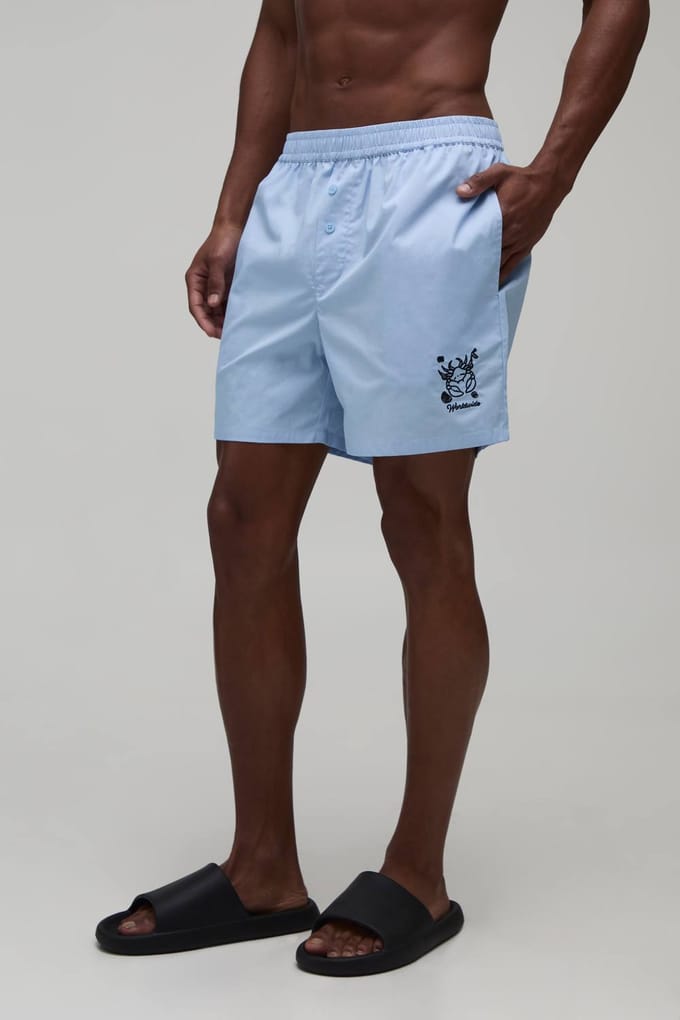 Ontspannen Katoenen Short In Boxerstijl Met Borduursel | Blue | Size Medium