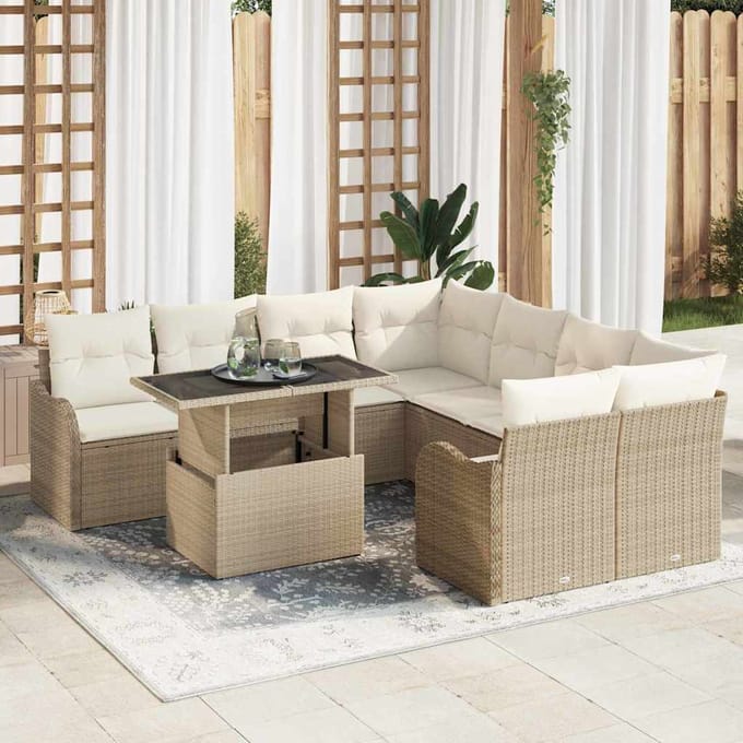 vidaXL Tuinbank Set met kussen met kussen 9 pcs Beige Polyrattan
